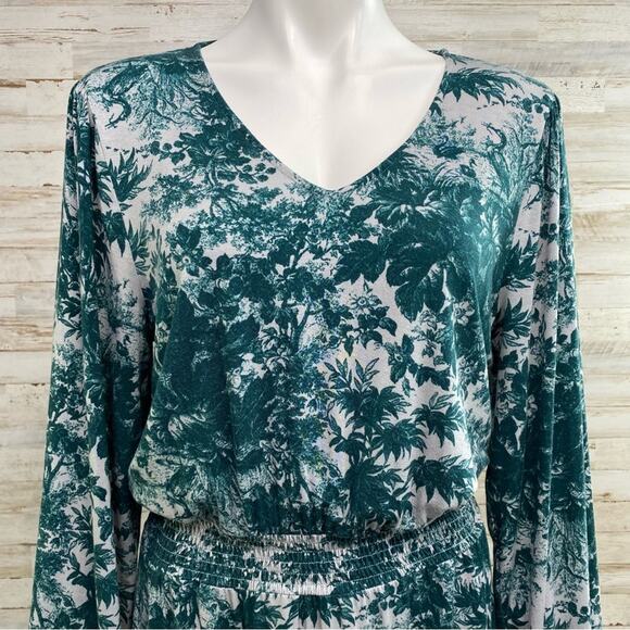 Jason Wu Stretch Long Sleeve Dress Womens Size M Teal Green Print Smocked Waist - Picture 3 of 13